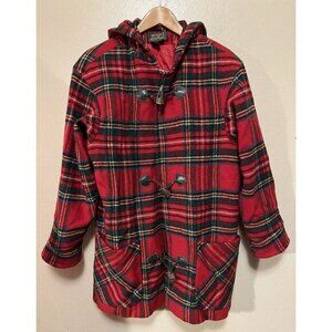 Vintage 90s Eddie Bauer Wool Red Tartan Plaid Long Coat Jacket Toggles Size S